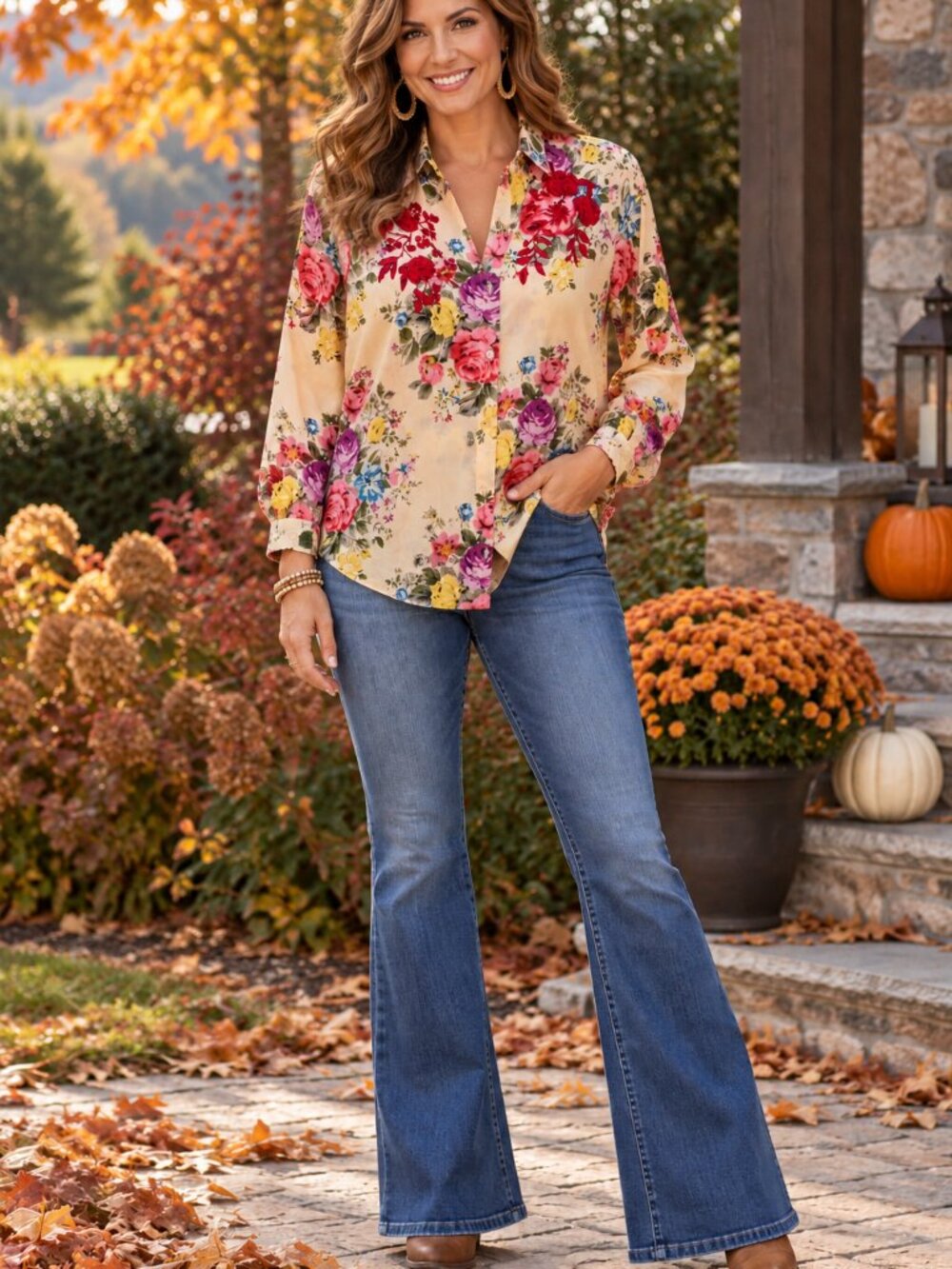 CC CHIC CONNECTION Embroidered Floral Blouse Collared Button-Up Roll Tab Slves L